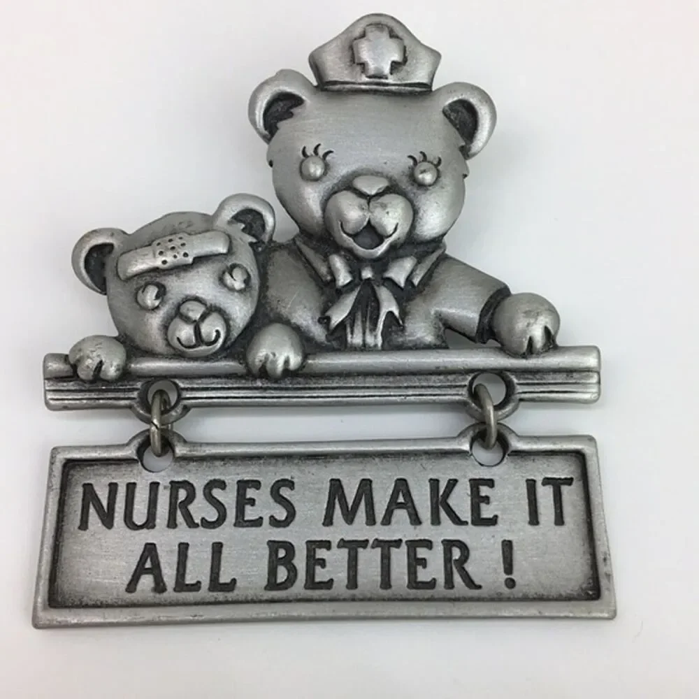 Vtg. J.J. Brooch Pin Nurses‎ Teddy Bear Articulated Kitchy Cute Nurse Gift